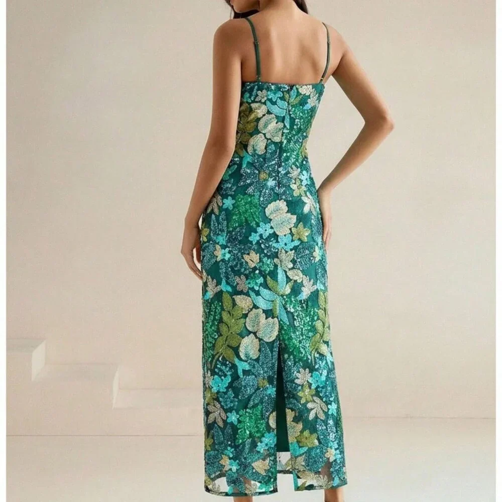 Green Boho Women's Elegant Colorful Printed Beaded Maxi Strapless Dress - Picture 2 of 8